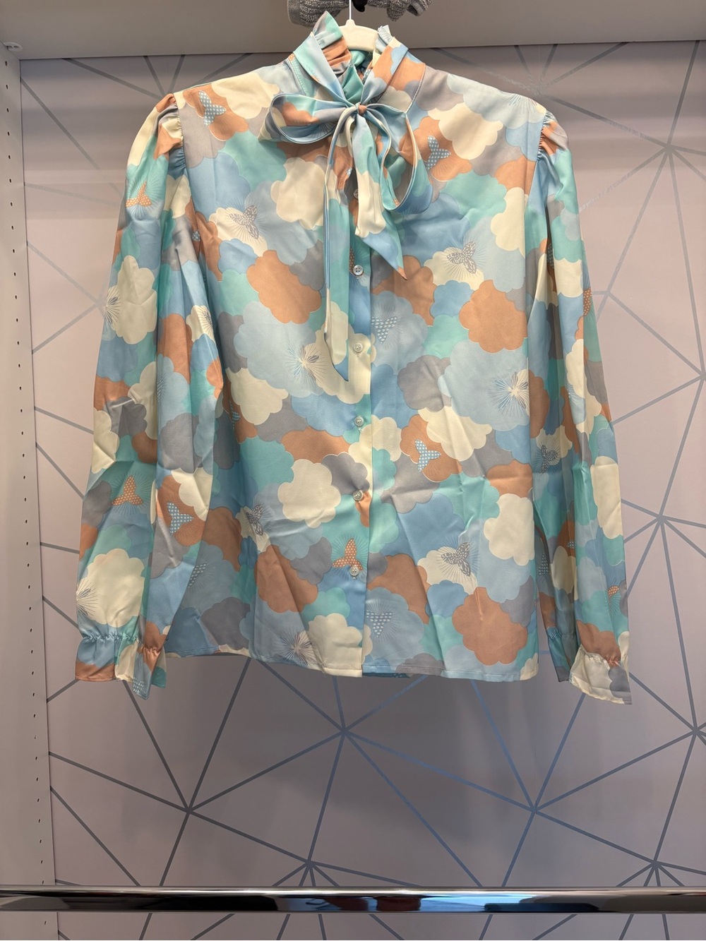 Vintage Joyce Sportswear Bow Cloud  Blouse Floral Blue Tan 70s 80s Women’s M